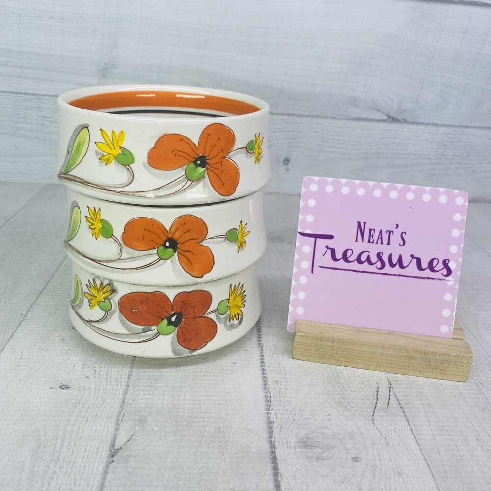 Mancer Italy ORANGE YELLOW FLORAL Hand Paint Stackable Ceramic Bowl Set 3 Flaw